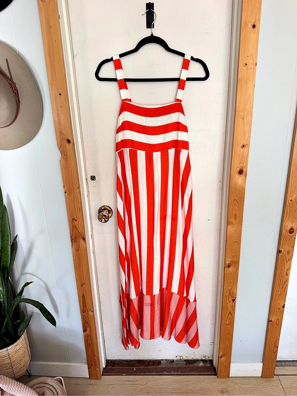 Lulus Looking Up Red Striped Smocked Tie-Strap Midi Dress